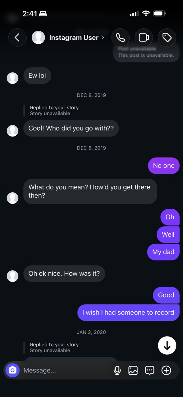 Conversation Lucas identifies as being with Adriana Galvis about an outing, with December 8, 2019 and January 2, 2020 date dividers