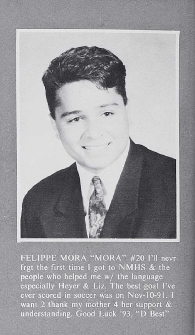 Yearbook portrait with the printed name FELIPPE MORA and a closing reference to ’93.