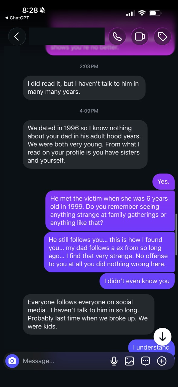 Redacted conversation screenshot in which the woman says they dated in 1996 and describes them as young. Selected messages follow in text.