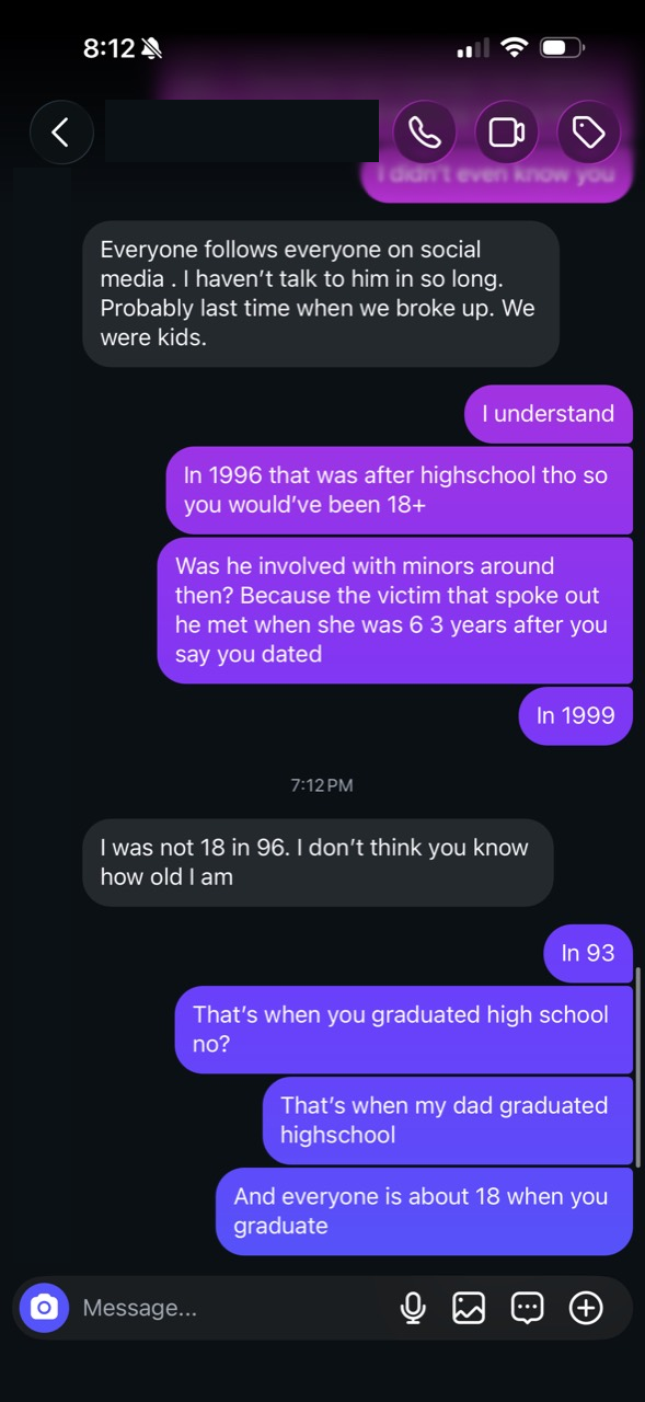 Redacted conversation screenshot with her statement that she was not 18 in 1996 and Lucas's follow-up assumptions about graduation. Her response follows in text.