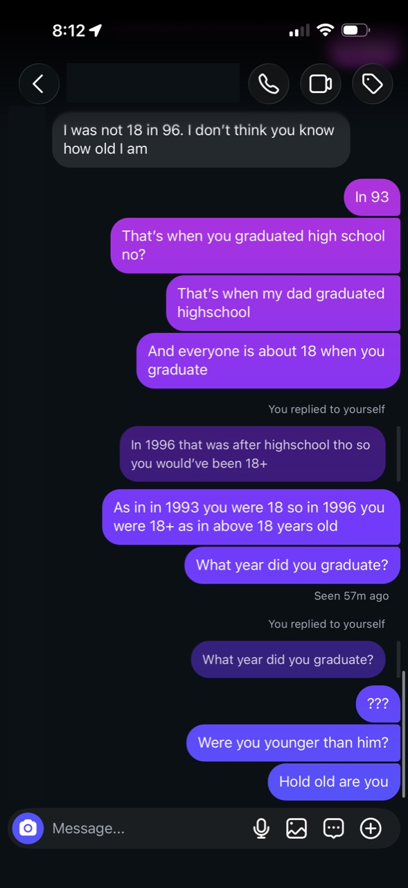 Redacted conversation screenshot showing Lucas repeatedly asking for her graduation year and age without receiving an exact age in this image. Selected questions follow in text.