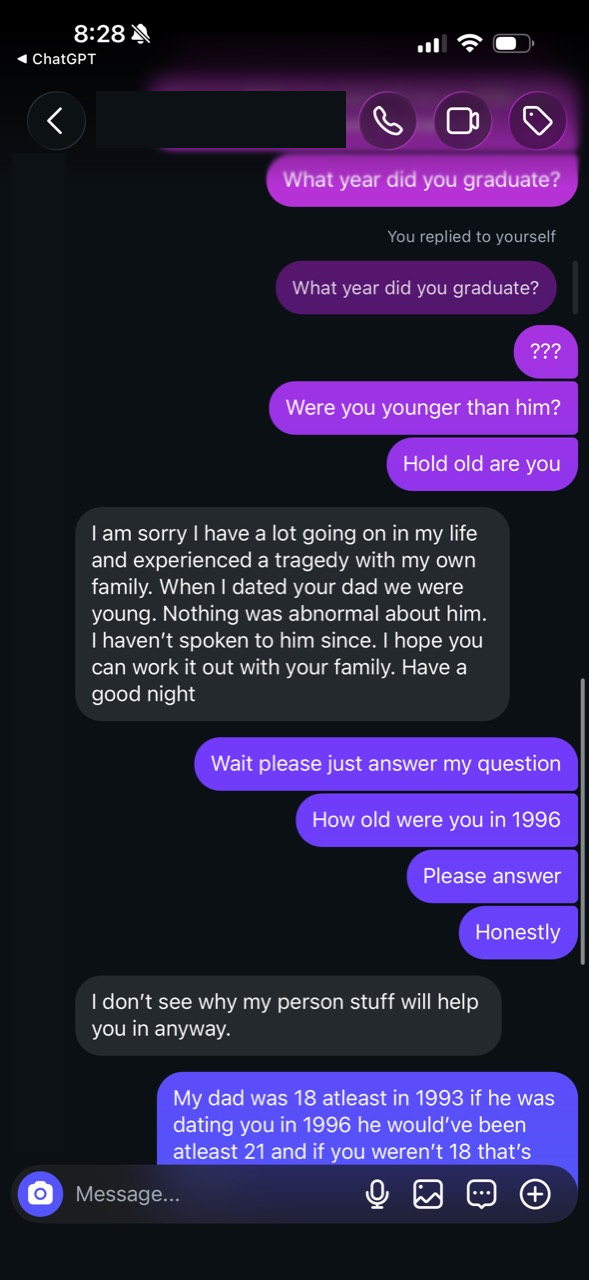 Redacted conversation screenshot in which she says nothing was abnormal about him and declines to share more personal information. Her messages follow in text.