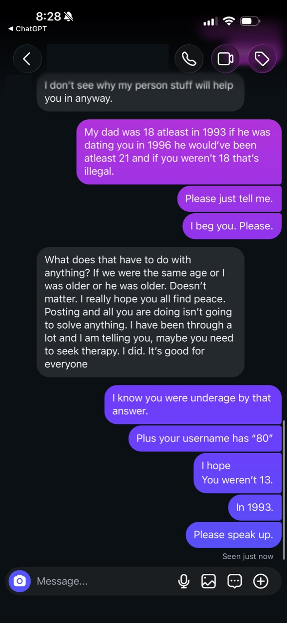 Redacted conversation screenshot showing her response about different possible relative ages, and Lucas's unsupported age and legal inferences. Her response follows in text.