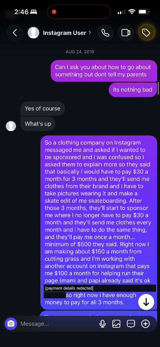 E01 screenshot from the conversation Lucas identifies as being with Adriana Galvis: August 24, 2019: online work and a proposed arrangement