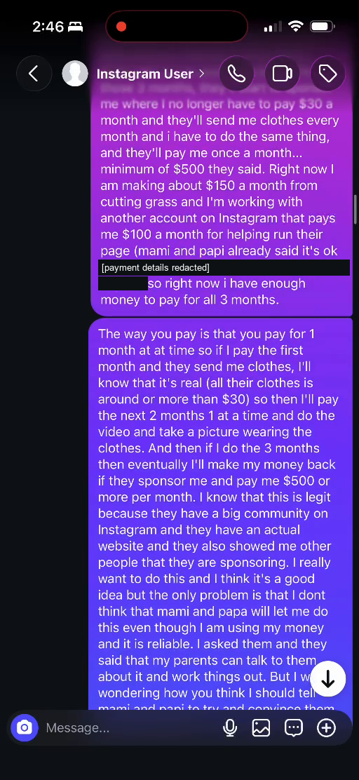E01 screenshot from the conversation Lucas identifies as being with Adriana Galvis: Explaining the proposed clothing arrangement