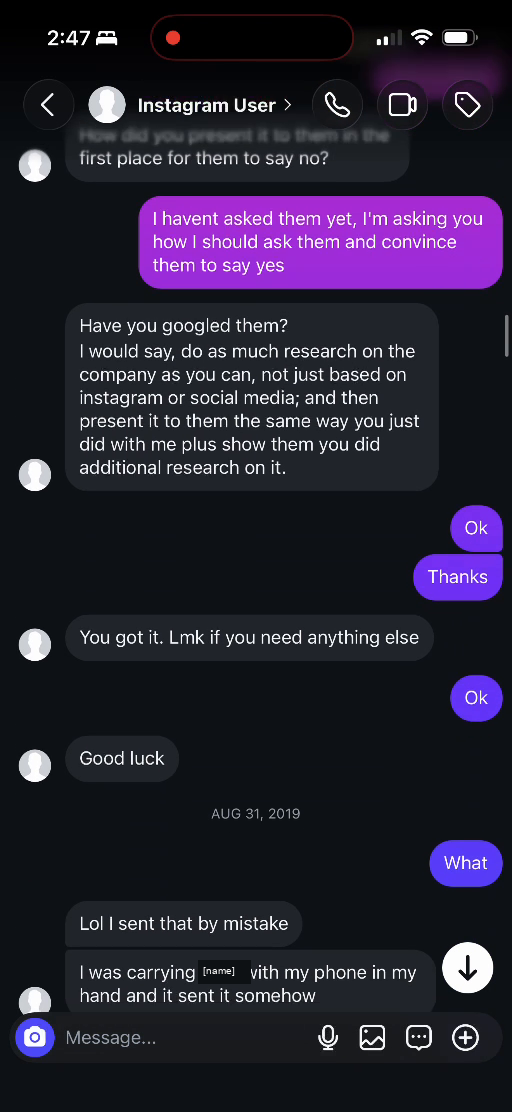 E01 screenshot from the conversation Lucas identifies as being with Adriana Galvis: The response: research first and speak with parents