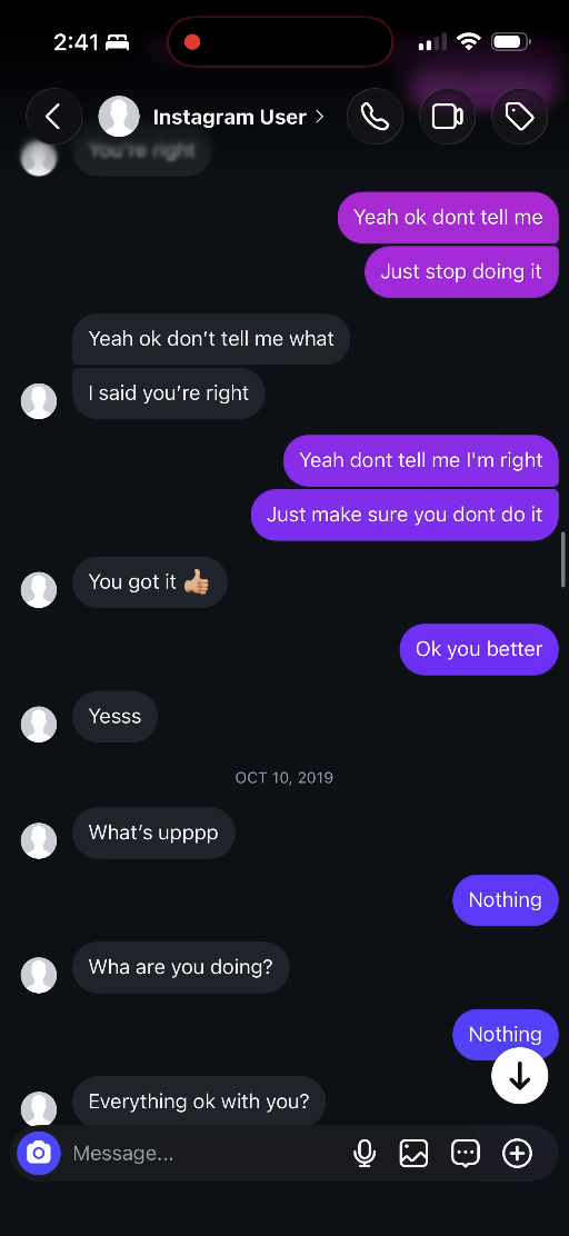 E02 screenshot from the conversation Lucas identifies as being with Adriana Galvis: October 10, 2019: the dated check in