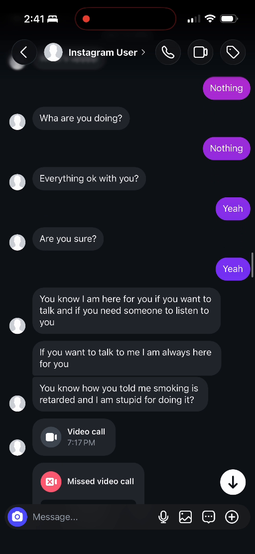 E02 screenshot from the conversation Lucas identifies as being with Adriana Galvis: Questions, reassurance, and offers to listen