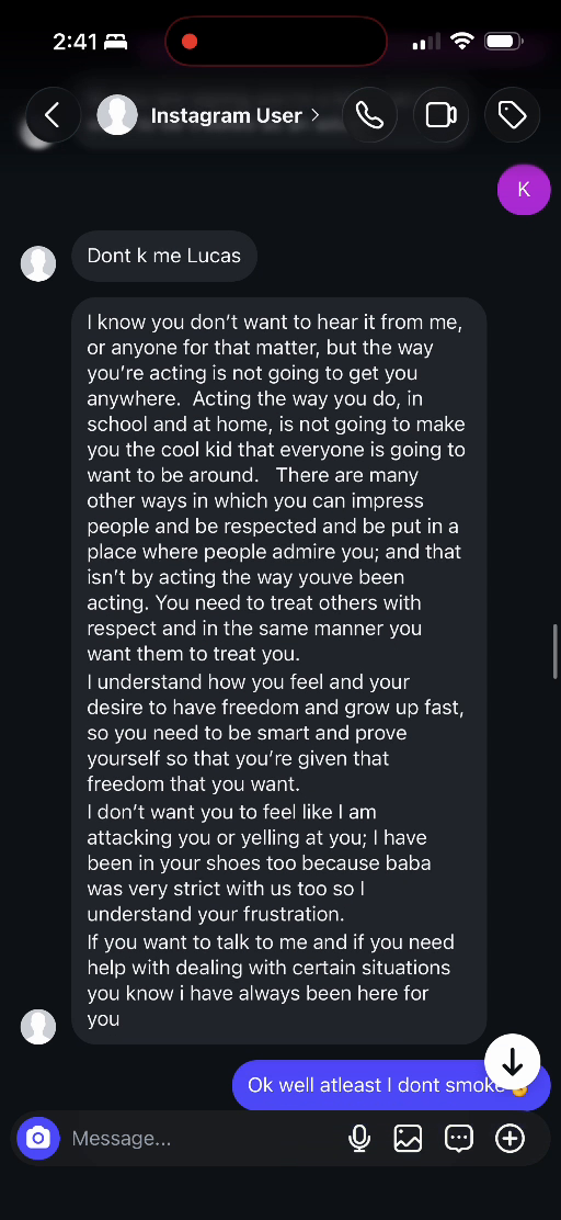 E02 screenshot from the conversation Lucas identifies as being with Adriana Galvis: Criticism and support in the same reply