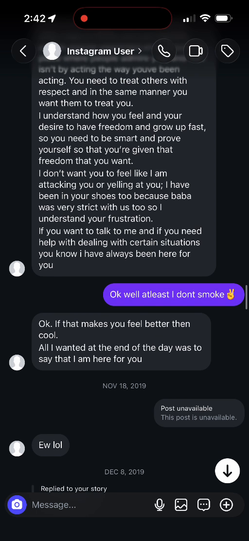 E02 screenshot from the conversation Lucas identifies as being with Adriana Galvis: The closing offer of support and later date dividers