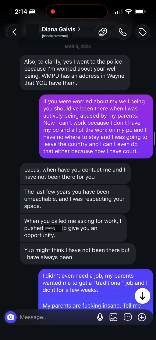 E03 screenshot from the conversation Lucas identifies as being with Diana Galvis Patino: March 3, 2024: the police concern and Lucas's response