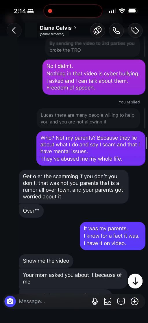 E03 screenshot from the conversation Lucas identifies as being with Diana Galvis Patino: The disagreement about accusations of scamming