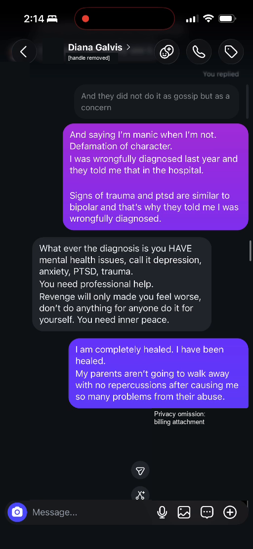 E03 screenshot from the conversation Lucas identifies as being with Diana Galvis Patino: The disagreement about diagnosis and help