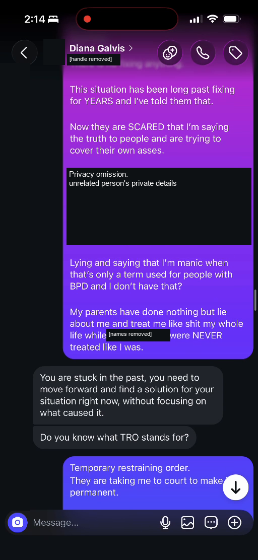E03 screenshot from the conversation Lucas identifies as being with Diana Galvis Patino: A response Lucas experienced as dismissive