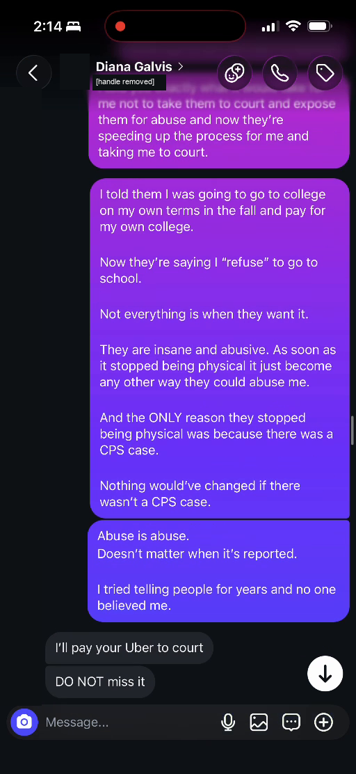 E03 screenshot: My abuse disclosure and Diana Galvis Patino's court reply. Participant identified by Lucas.