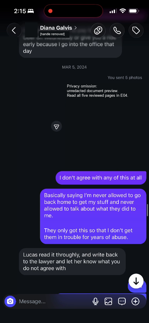 E03 screenshot from the conversation Lucas identifies as being with Diana Galvis Patino: March 5: objections to the proposed agreement