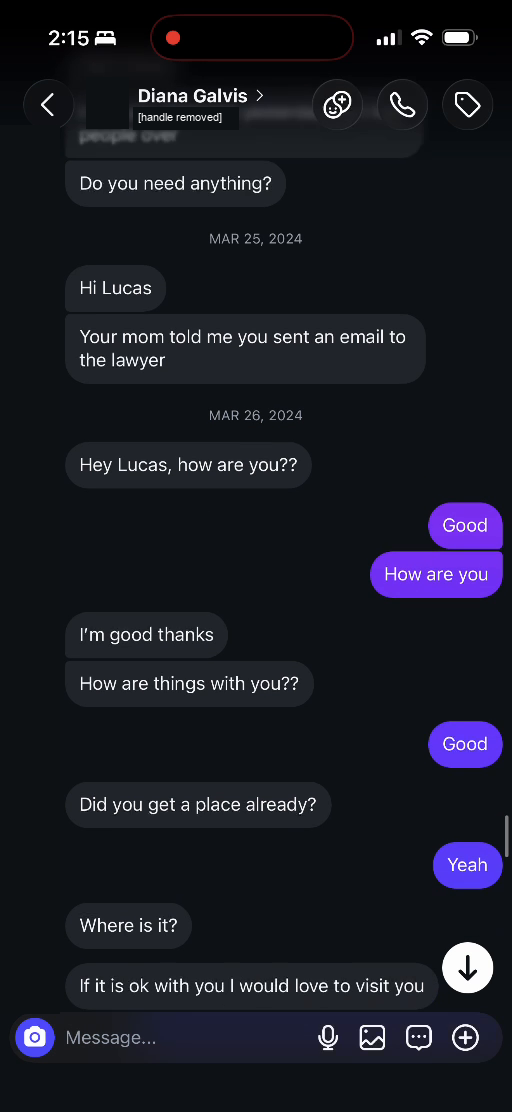 E03 screenshot from the conversation Lucas identifies as being with Diana Galvis Patino: March 25 and 26: contact resumes