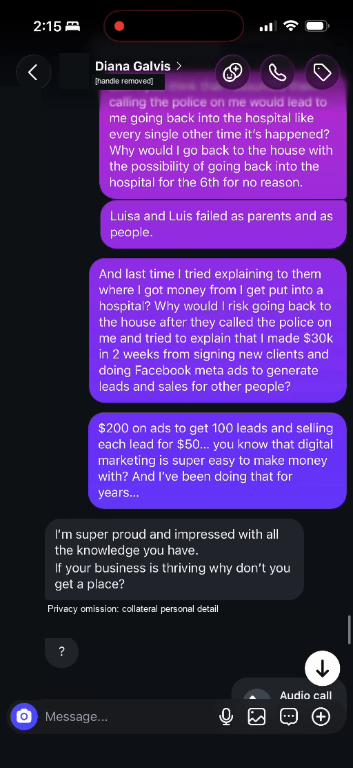 E03 screenshot from the conversation Lucas identifies as being with Diana Galvis Patino: Marketing discussion and a supportive response