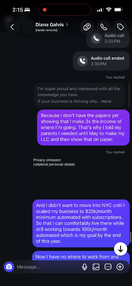 E03 screenshot from the conversation Lucas identifies as being with Diana Galvis Patino: My March wording beside the February formation record