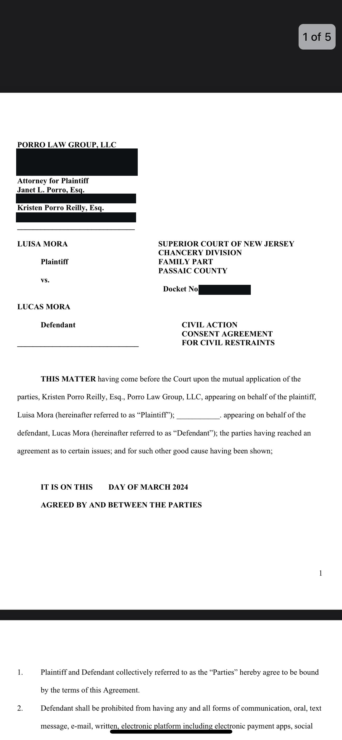 Page 1 of the unsigned proposed civil restraints agreement