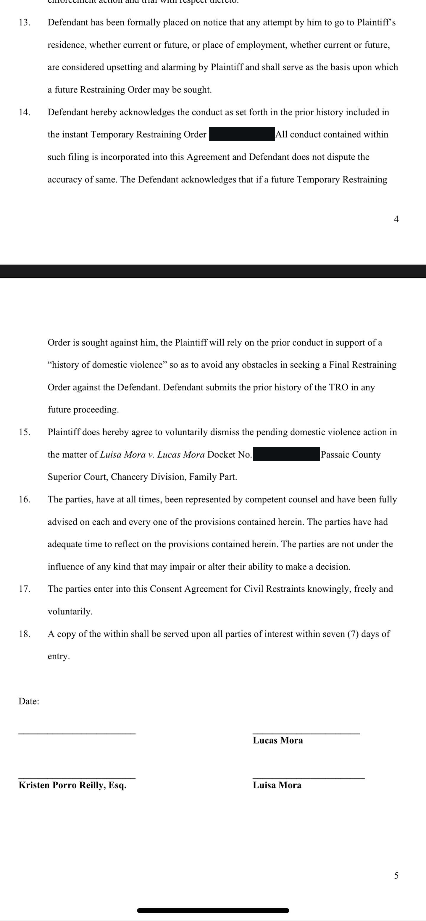Page 5 of the unsigned proposed civil restraints agreement
