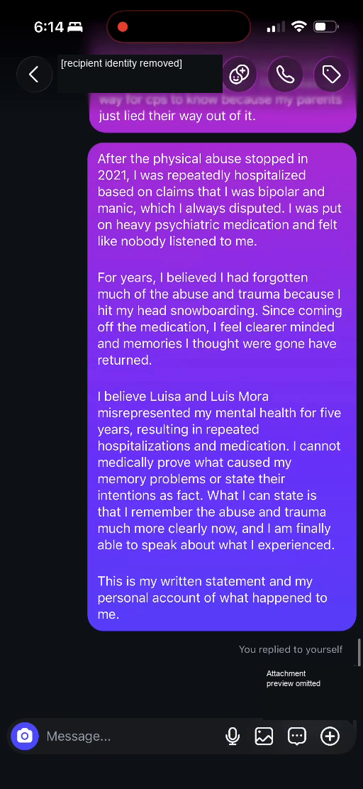 E05 message excerpt: Lucas's current statement about medication and memory