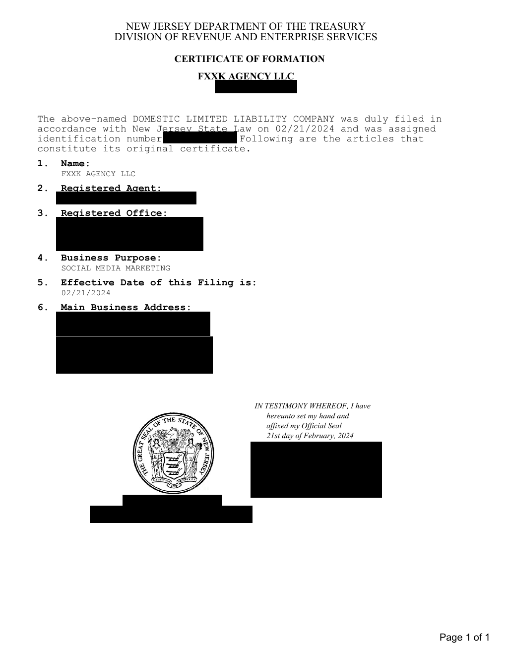 Redacted New Jersey formation certificate showing FXXK AGENCY LLC, February 21, 2024, and social media marketing